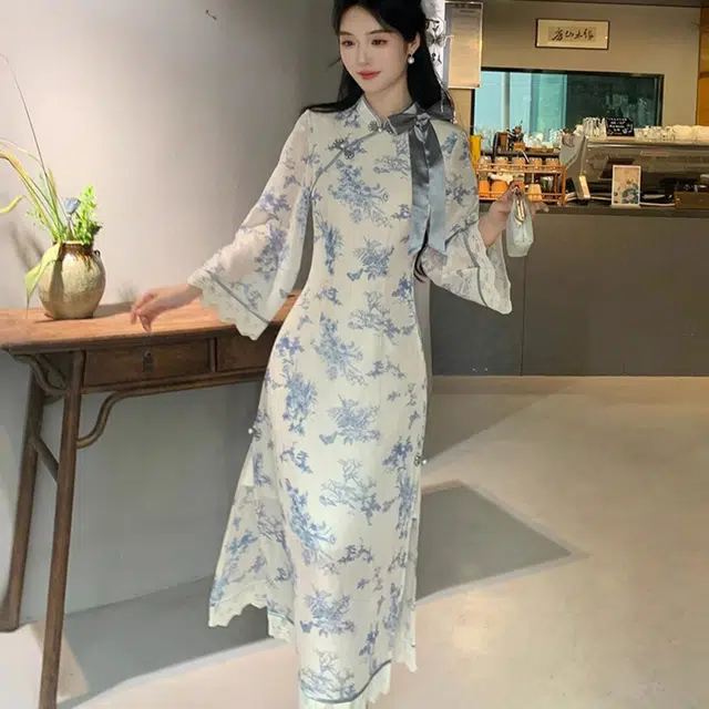 敲模女孩 新中式气质印花温婉甜美蝴蝶结遮肉高雅超仙旗袍裙长袖连衣裙 女款