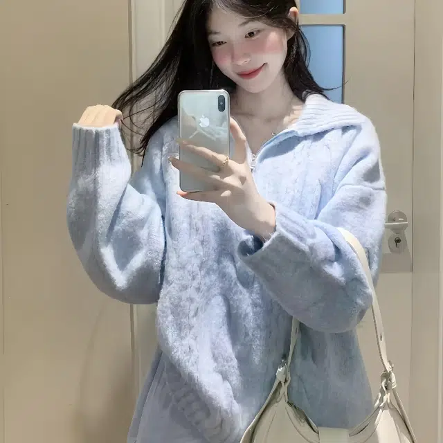 敲模女孩 慵懒学院风设计感翻领软糯宽松针织衫 女款