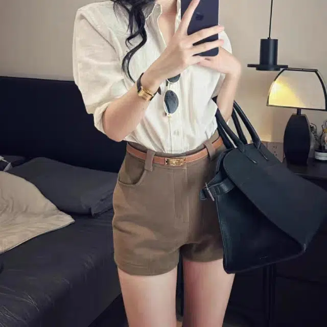 敲模女孩 美式复古老钱风刺绣宽松长袖衬衫气质百搭高腰包臀短裤休闲套装 女款