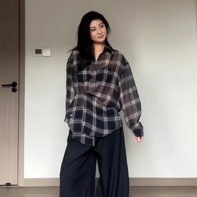 敲模女孩 学院风复古格纹宽松轻薄外套衬衫 女款