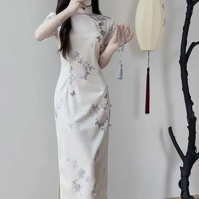 敲模女孩 新中式国风改良植物花卉修身印花文艺风收腰优雅气质短袖连衣裙 女款