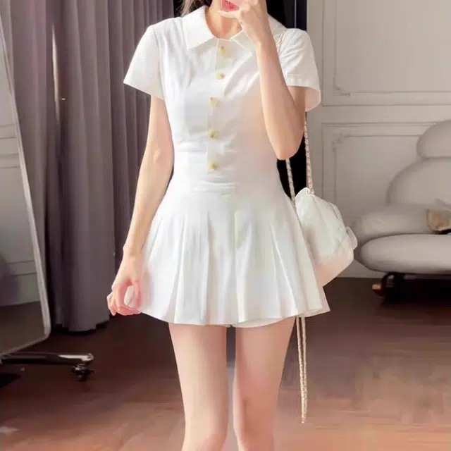 敲模女孩 学院风竖纹肌理感气质收腰衬衫百褶裙子短袖连衣裙 女款