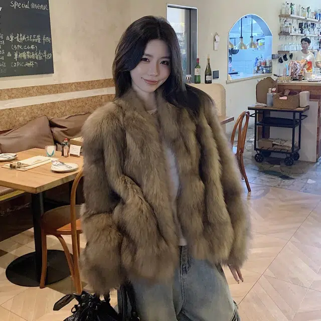 敲模女孩 美式复古环保皮草设计感抽条宽松保暖绒感外套 女款