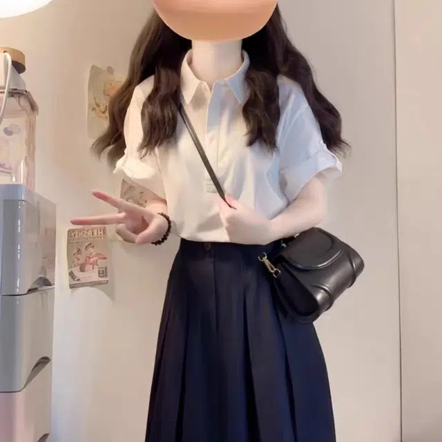 敲模女孩 极简风薄款休闲学院风短袖衬衫上衣搭高腰半身裙女裙装套装 女款