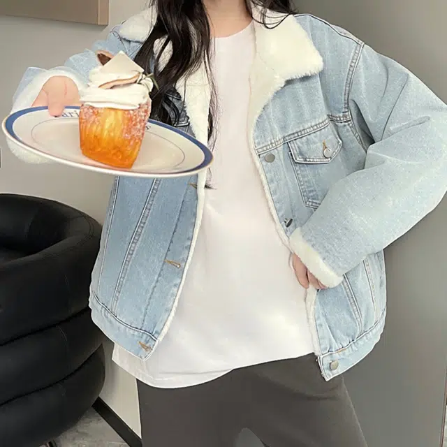 敲模女孩 美式复古街头风加绒加厚宽松长袖牛仔外套 女款