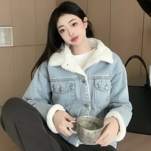 敲模女孩 美式复古街头风加绒加厚宽松长袖牛仔外套 女款