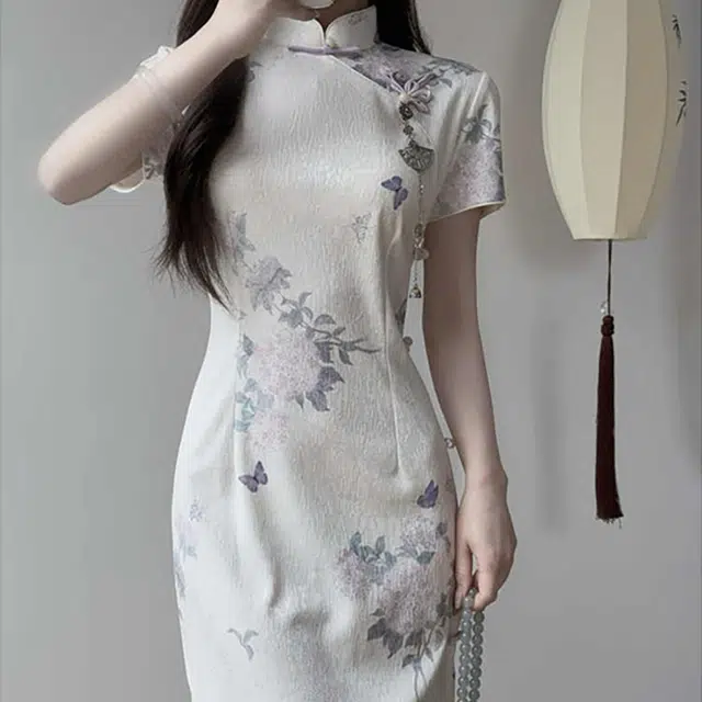 敲模女孩 新中式国风改良植物花卉修身印花文艺风收腰优雅气质短袖连衣裙 女款