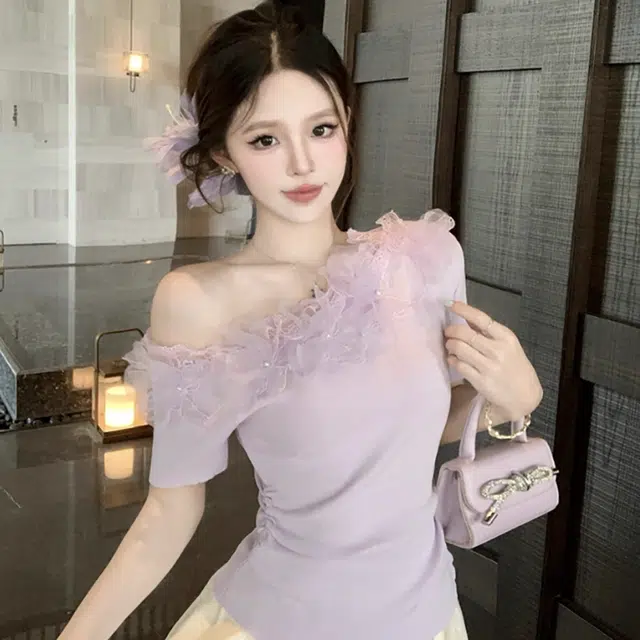 敲模女孩 法式设计感蕾丝拼接短袖收腰修身针织衫 女款