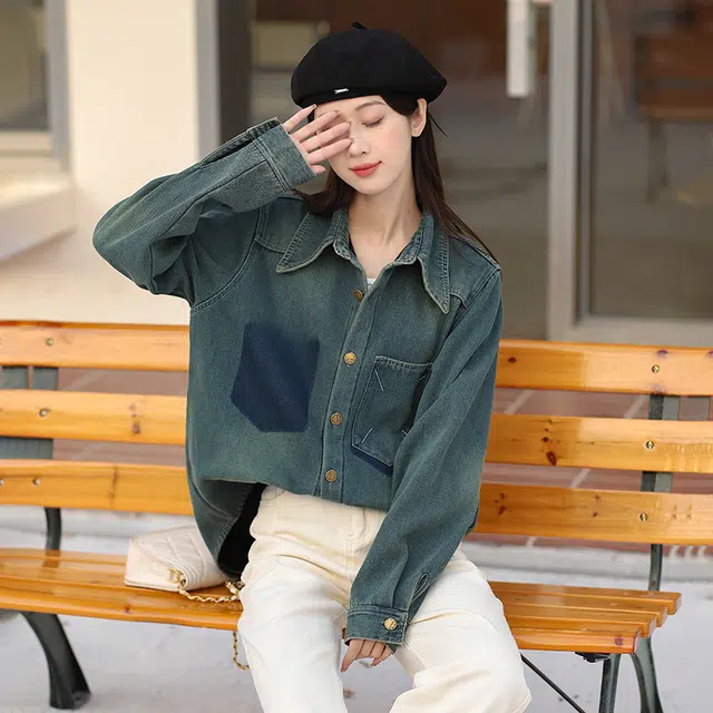 敲模女孩 美式复古港味加绒加厚牛仔中长款宽松外套衬衫 女款