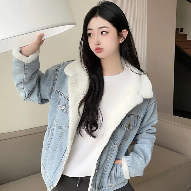 敲模女孩 美式复古街头风加绒加厚宽松长袖牛仔外套 女款