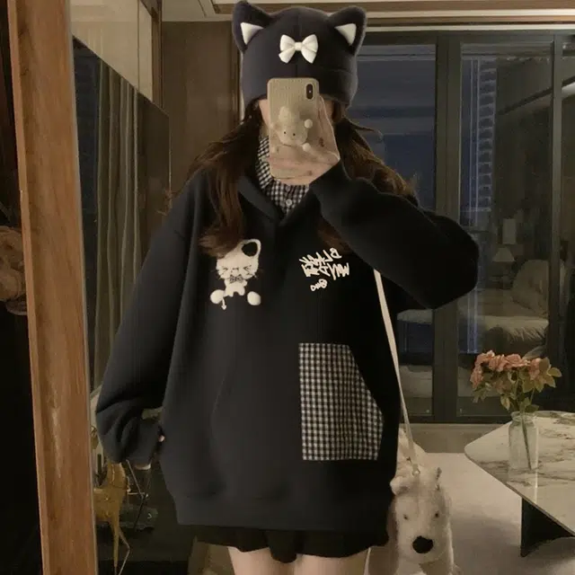 敲模女孩 学院风格子拼接假两件连帽猫咪刺绣设计感卫衣 女款