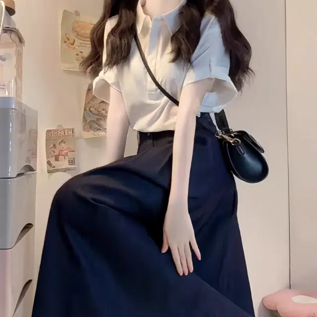 敲模女孩 极简风薄款休闲学院风短袖衬衫上衣搭高腰半身裙女裙装套装 女款