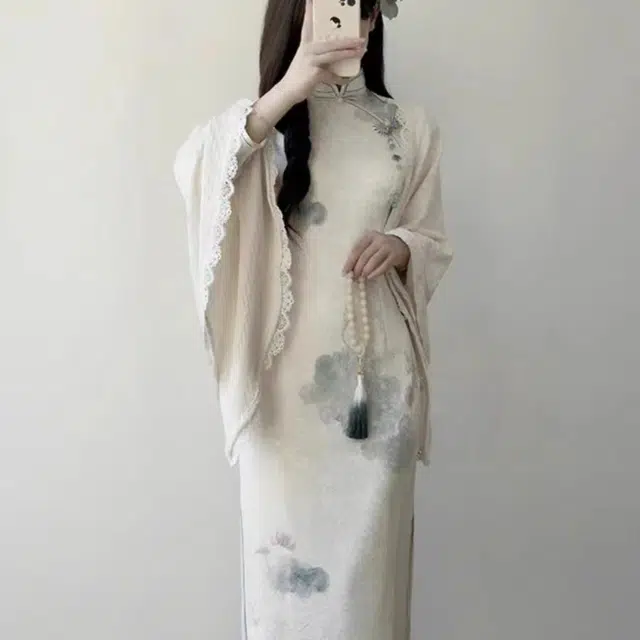 敲模女孩 新中式国风传统长款改良旗袍年轻款女复古修身日常可穿长袖连衣裙 女款