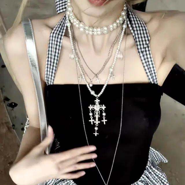 敲模女孩 美式纯欲风辣妹挂脖抹胸收腰格纹拼接蛋糕层次蓬蓬吊带连衣裙 女款