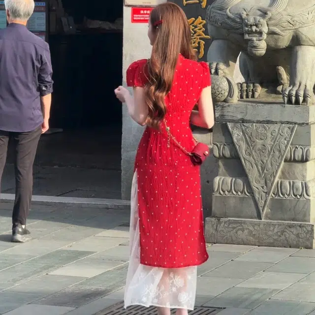 敲模女孩 新中式气质改良旗袍波点设计感收腰假两件拼接高级感短袖连衣裙 女款