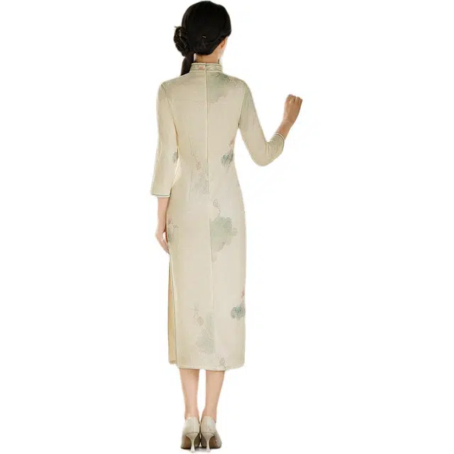 敲模女孩 新中式国风传统长款改良旗袍年轻款女复古修身日常可穿长袖连衣裙 女款