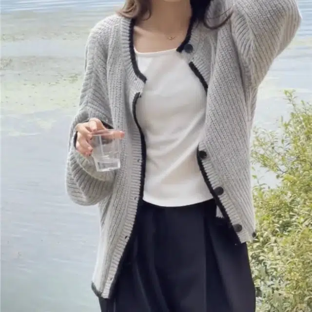 敲模女孩 韩系百搭复古撞色粗针开衫针织衫 女款