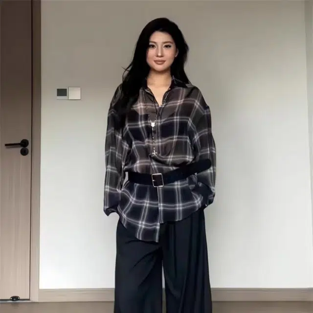 敲模女孩 学院风复古格纹宽松轻薄外套衬衫 女款