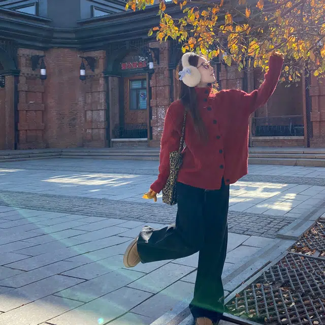 敲模女孩 韩系慵懒风翻领开衫外套高级感长袖上衣针织衫 女款