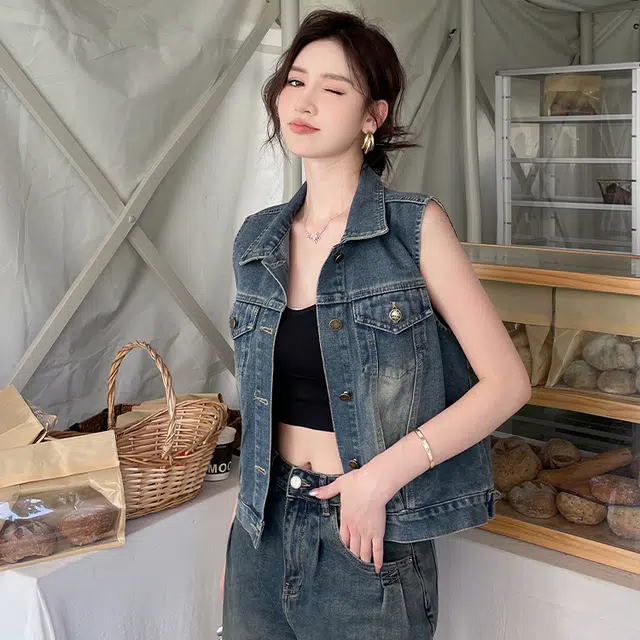 敲模女孩 美式复古高级感气质百搭短款无袖马甲牛仔外套 女款