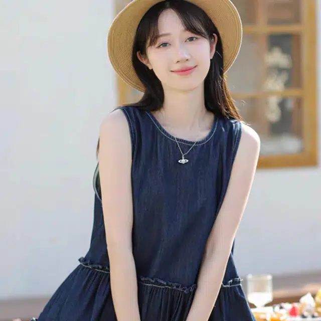 敲模女孩 学院风甜美木耳花边裙摆收腰宽松牛仔背心 女款