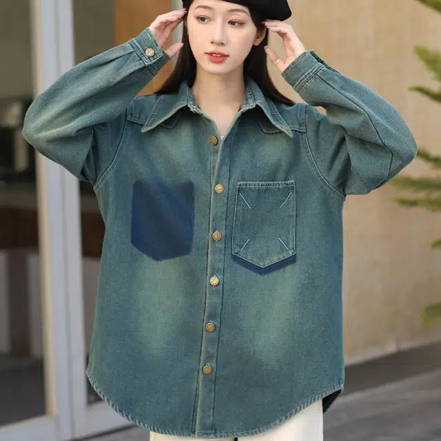敲模女孩 美式复古港味加绒加厚牛仔中长款宽松外套衬衫 女款