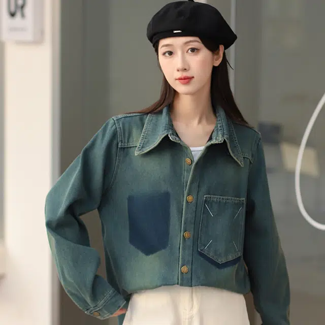 敲模女孩 美式复古港味加绒加厚牛仔中长款宽松外套衬衫 女款