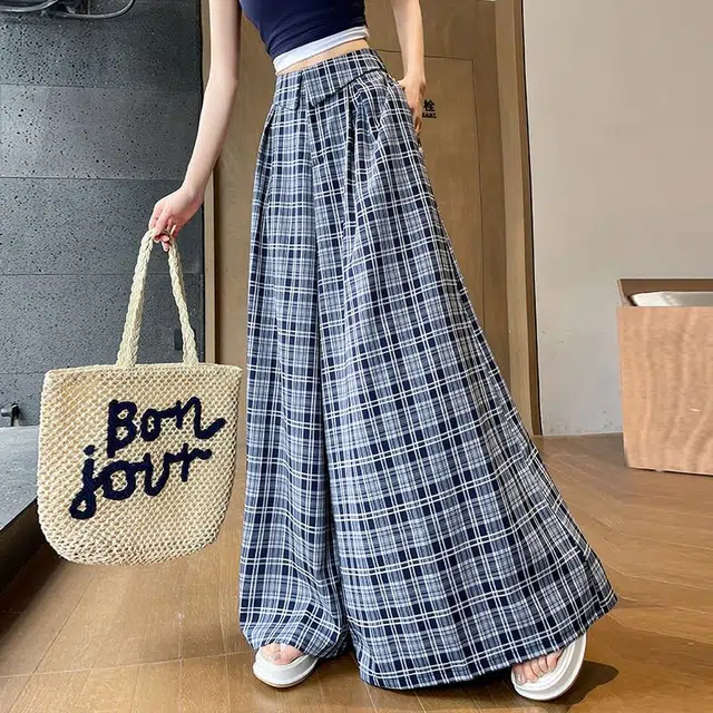 敲模女孩 甜酷风学院复古格子阔腿慵裤懒感高腰宽松直筒休闲裤 女款