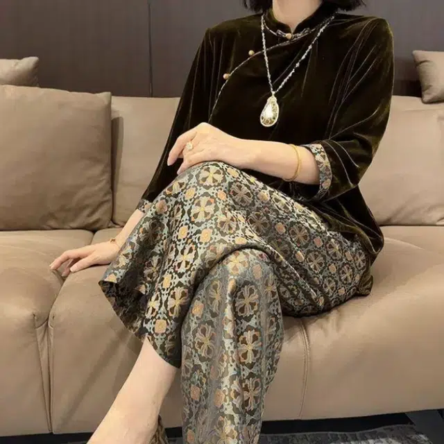 敲模女孩 法式慵懒风洋气复古时尚盘扣印花宽松上衣高腰显瘦阔腿长裤休闲套装 女款