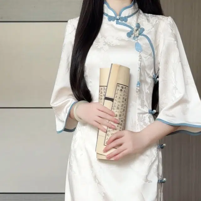 敲模女孩 新中式国风改良旗袍高级感素雅复古风温柔长袖连衣裙 女款