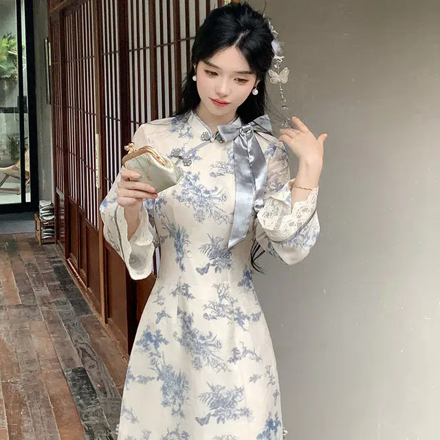 敲模女孩 新中式气质印花温婉甜美蝴蝶结遮肉高雅超仙旗袍裙长袖连衣裙 女款