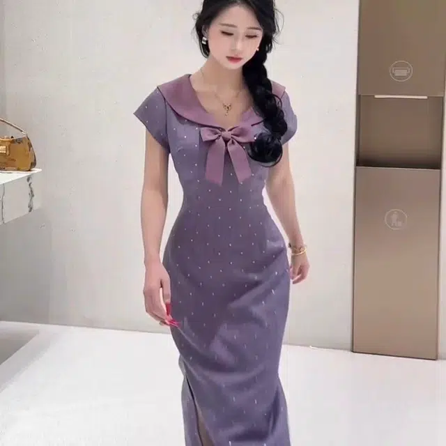 敲模女孩 甜美学院风海军领波点修身设计感收腰气质短袖连衣裙 女款