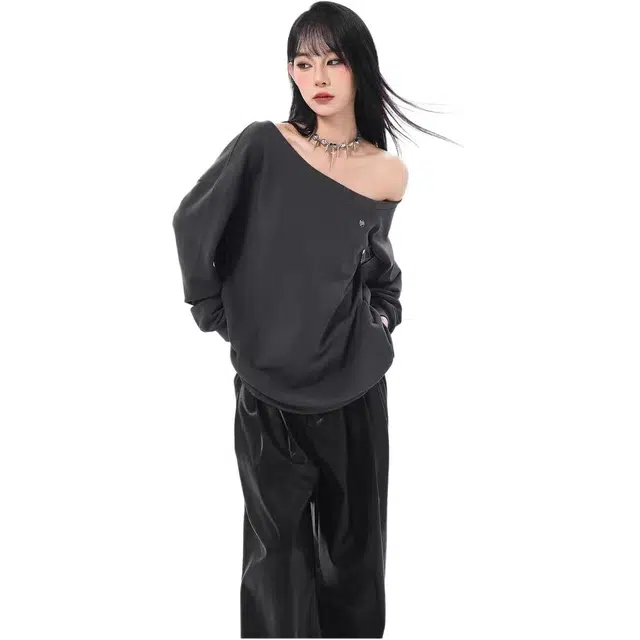 敲模女孩 美式斜肩露肩休闲百搭时尚长袖卫衣 女款 深灰色