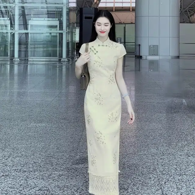 敲模女孩 新中式复古绣花蕾丝拼接收腰气质短袖连衣裙  女款