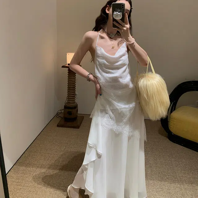 敲模女孩 法式纯欲风复古微透蕾丝打底设计感重工不规则荷叶边半身裙吊带连衣裙 女款