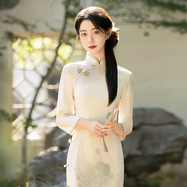 敲模女孩 新中式国风传统长款改良旗袍年轻款女复古修身日常可穿长袖连衣裙 女款