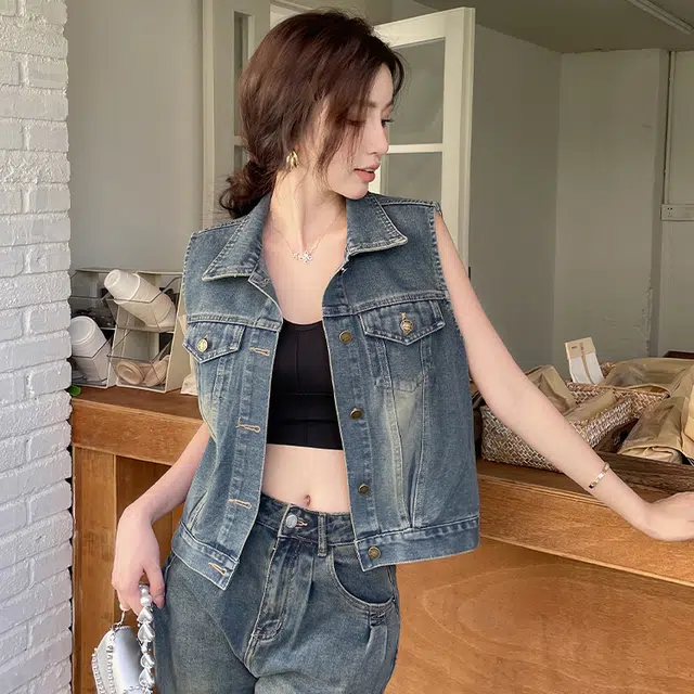 敲模女孩 美式复古高级感气质百搭短款无袖马甲牛仔外套 女款