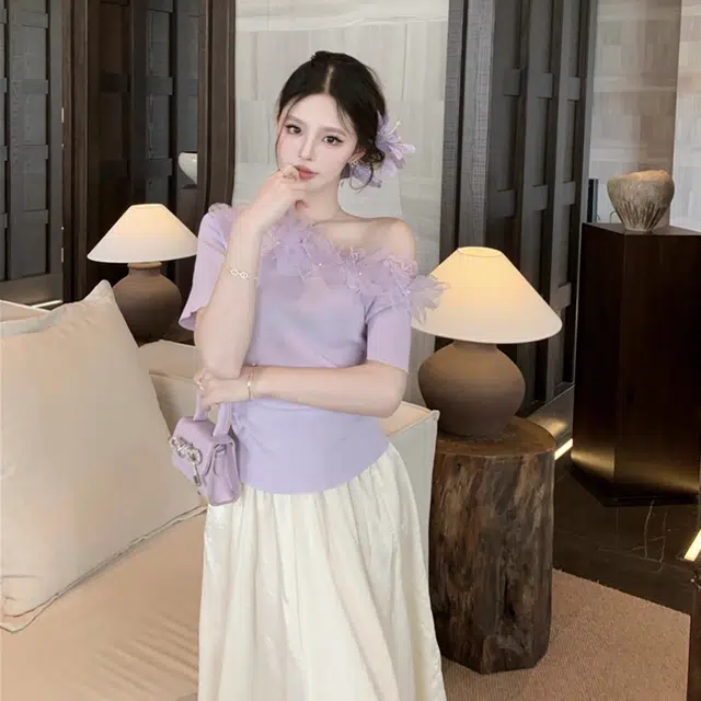 敲模女孩 法式设计感蕾丝拼接短袖收腰修身针织衫 女款