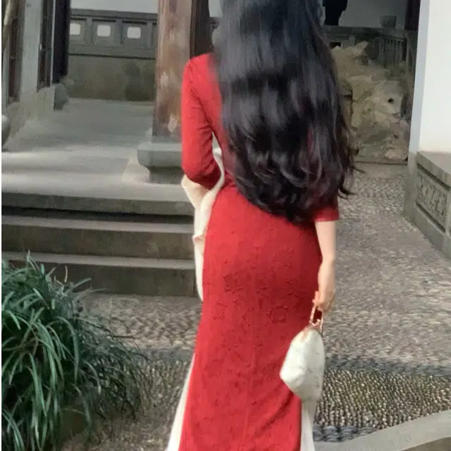 敲模女孩 新中式国风复古馆暗花纹年会结婚旗袍气质修身长袖连衣裙搭披肩叠穿内搭半身裙裙装套装 女款