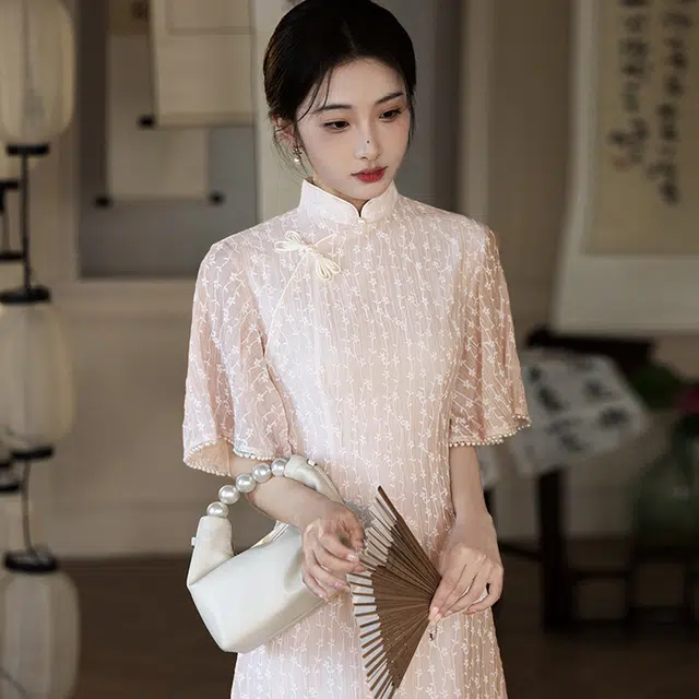 敲模女孩 新中式印花改良国风旗袍修身优雅短袖连衣裙 女款