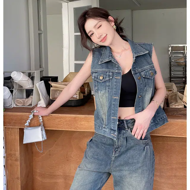 敲模女孩 美式复古高级感气质百搭短款无袖马甲牛仔外套 女款