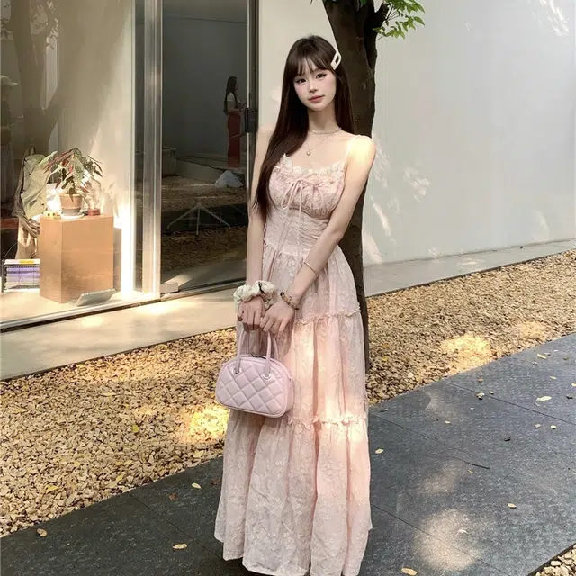 敲模女孩 法式纯欲风复古花朵高级感气质收腰度假风吊带连衣裙 女款