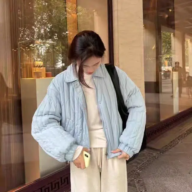 敲模女孩 韩系轻盈甜美日系休闲翻领宽松短外套棉服 女款