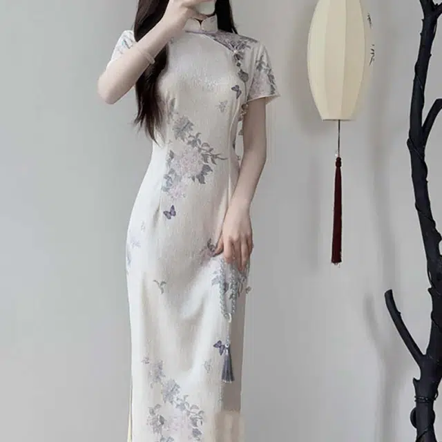 敲模女孩 新中式国风改良植物花卉修身印花文艺风收腰优雅气质短袖连衣裙 女款