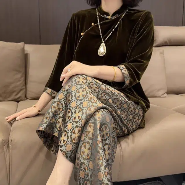 敲模女孩 法式慵懒风洋气复古时尚盘扣印花宽松上衣高腰显瘦阔腿长裤休闲套装 女款