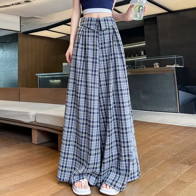 敲模女孩 甜酷风学院复古格子阔腿慵裤懒感高腰宽松直筒休闲裤 女款