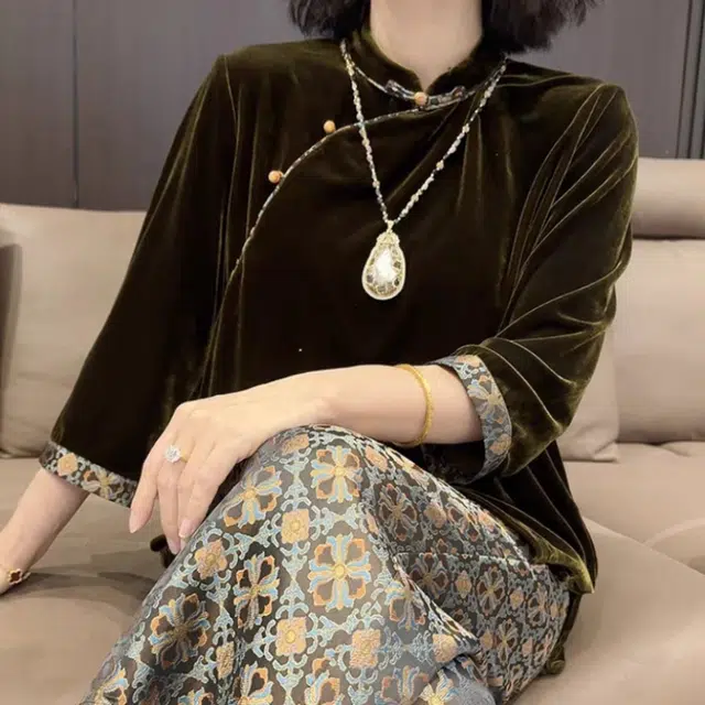 敲模女孩 法式慵懒风洋气复古时尚盘扣印花宽松上衣高腰显瘦阔腿长裤休闲套装 女款