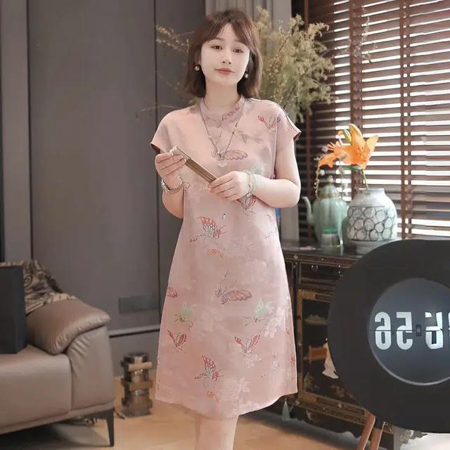 敲模女孩 新中式温婉大方时尚气质国风古典短袖连衣裙 女款