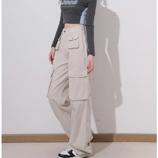 敲模女孩 美式复古时尚高街风多口袋设计感宽松直筒牛仔工装裤 女款