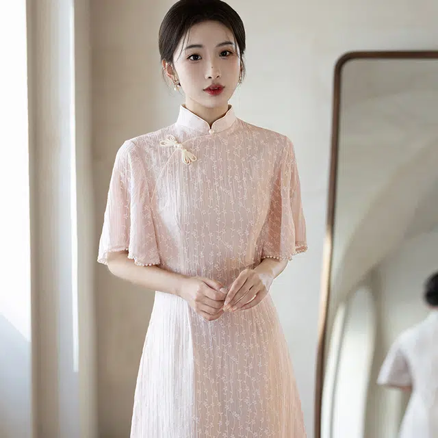敲模女孩 新中式印花改良国风旗袍修身优雅短袖连衣裙 女款